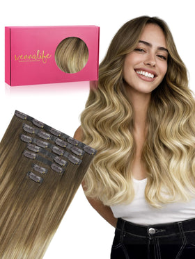 Wennalife Clip in Hair Extensions 16 Inch Ombre Walnut Brown front view