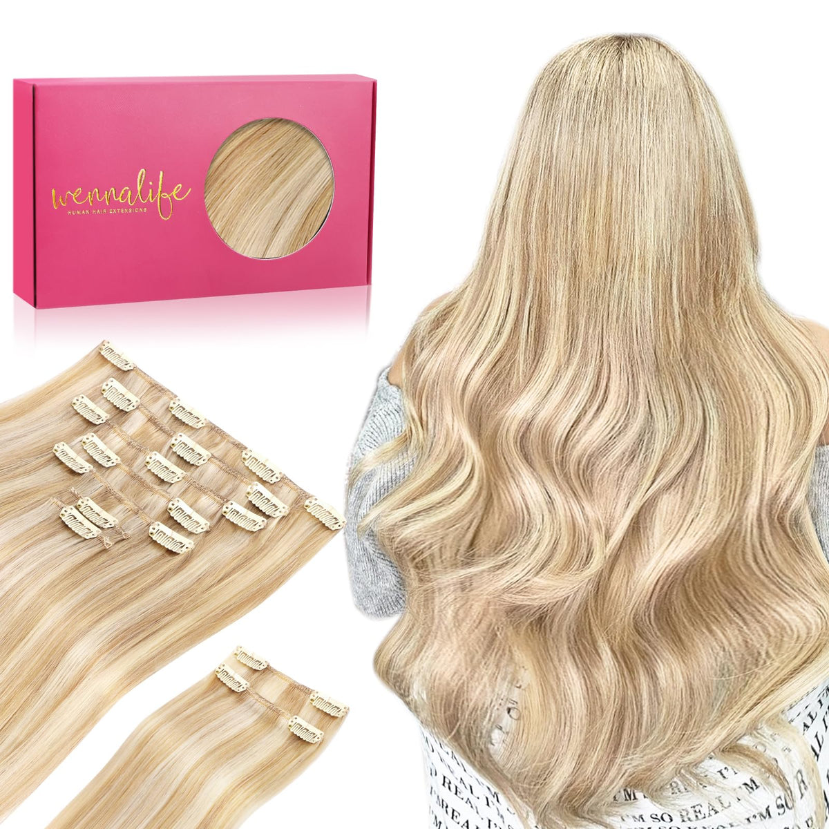 Wennalife Clip In Hair Extensions 16inch Dirty Blonde front view