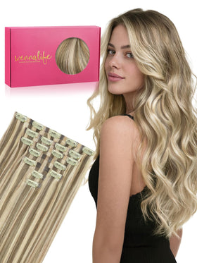 Wennalife Clip in Hair Extensions 18 Inch Ash Brown with Platinum Blonde Highlights front view