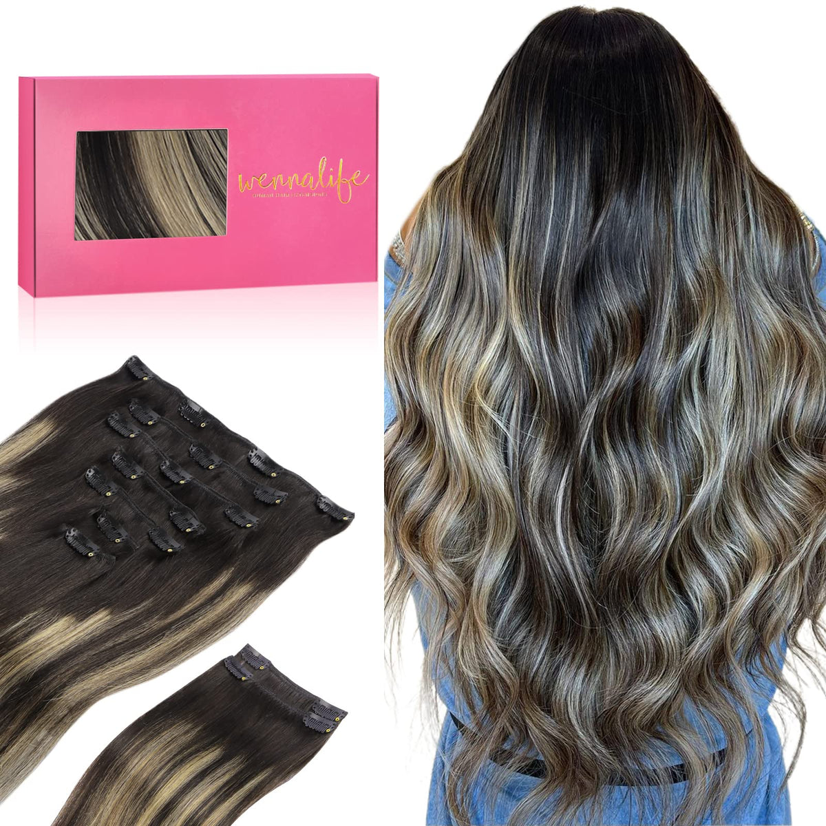 Wennalife Clip In Hair Extensions 18 Inch Balayage Black to Blonde front view