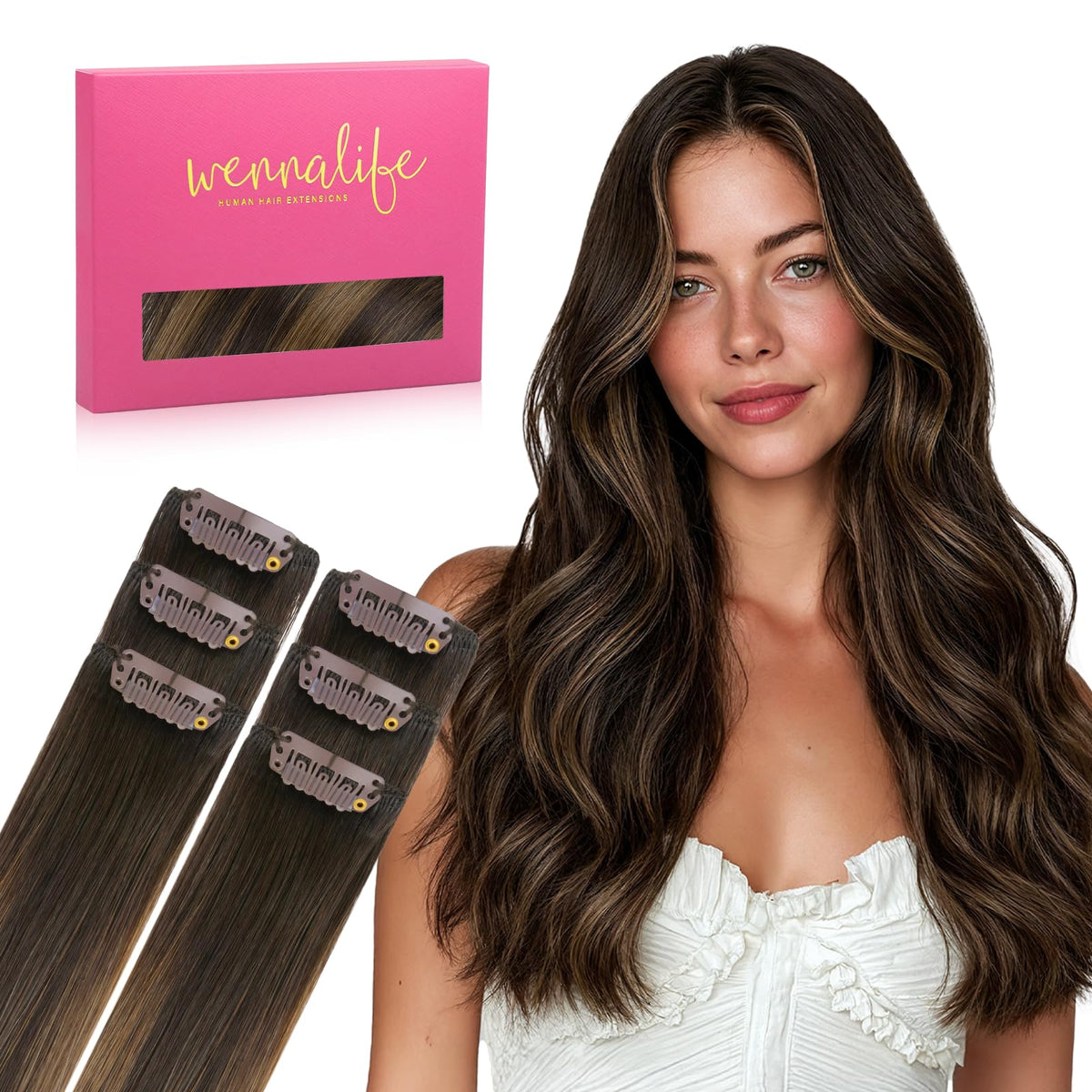 Wennalife Clip-In Hair Extensions 18 Inch Balayage Dark Brown front view
