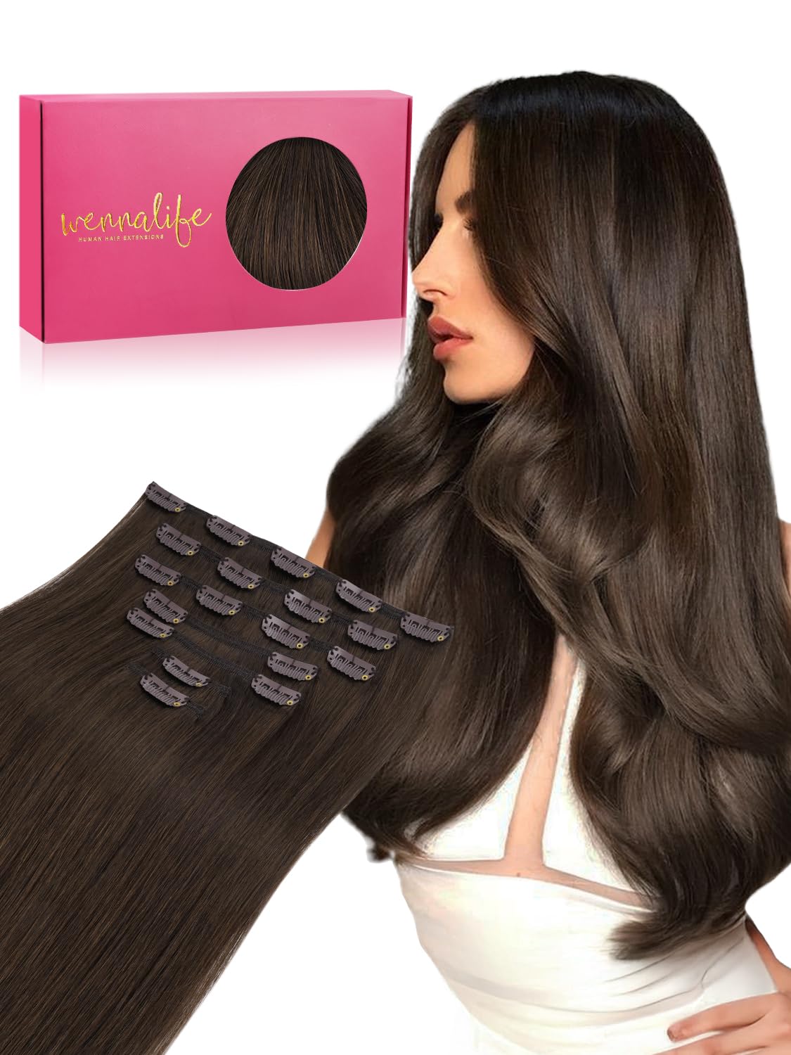 Wennalife Clip In Hair Extensions 18 Inch Chocolate Brown front view
