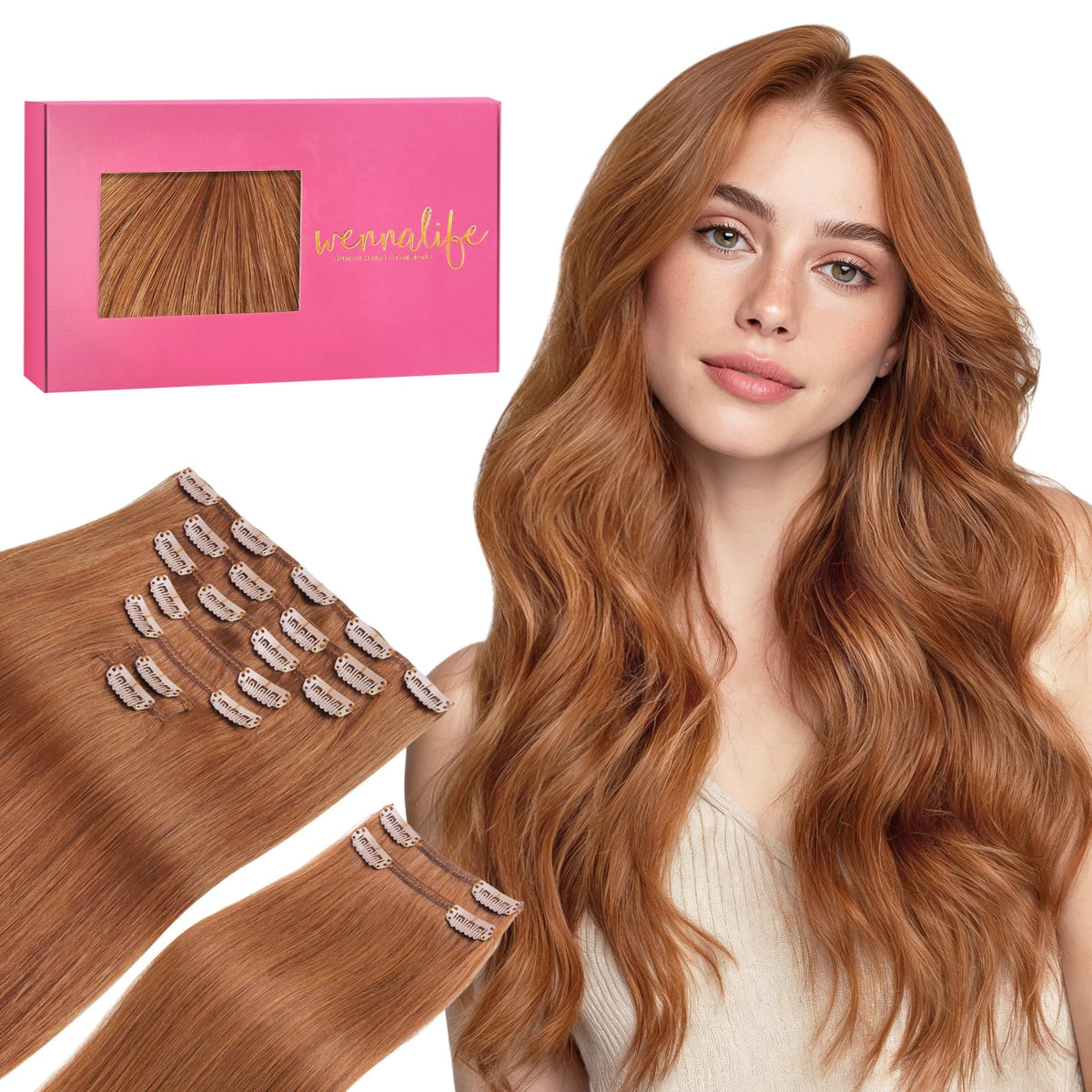 Wennalife Clip In Hair Extensions 18 Inch Cinnamon Terra Copper front view