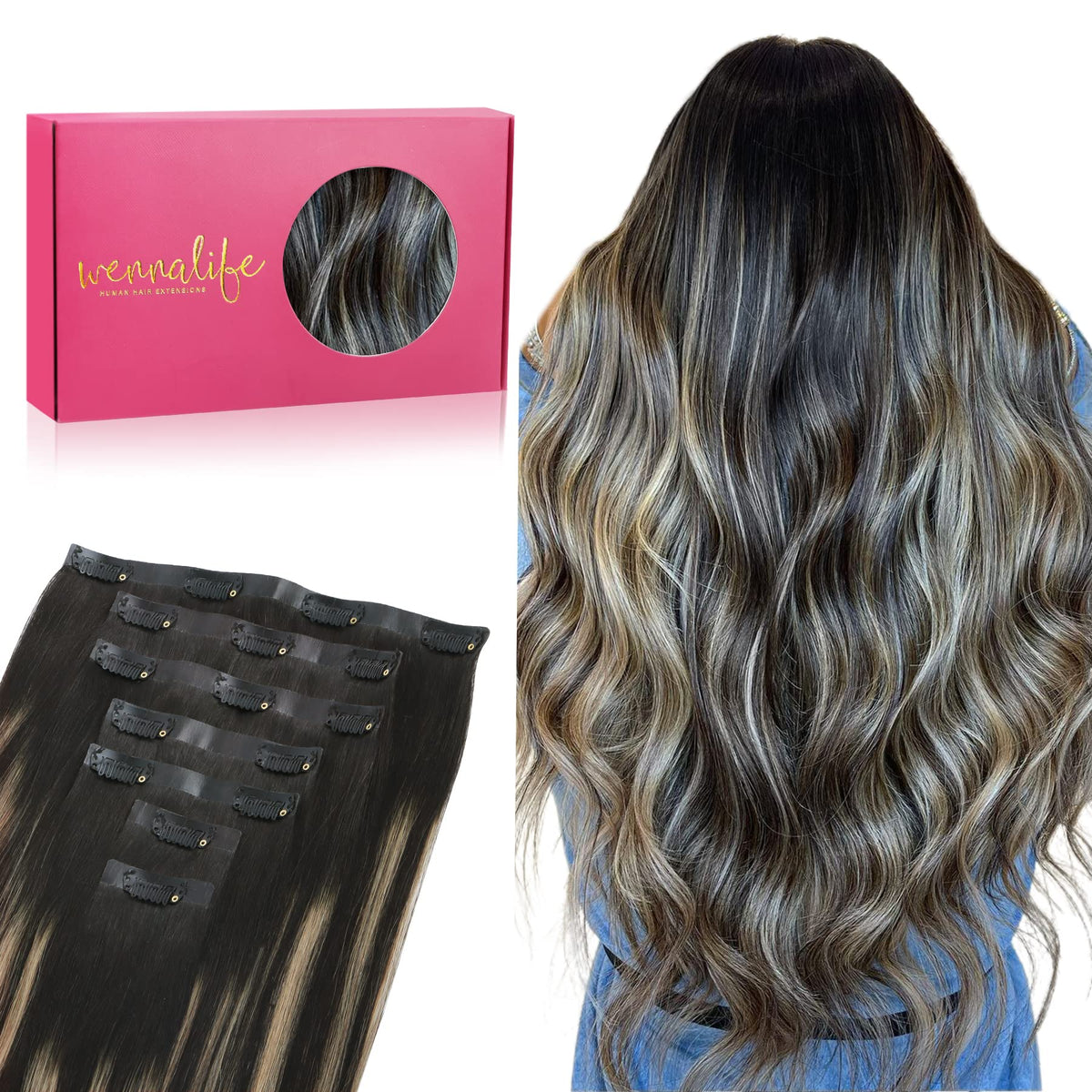 Wennalife Clip In Hair Extensions 18 Inch Natural Black to Light Blonde front view