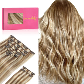 Wennalife Clip In Hair Extensions 18inch Ash Brown with Blonde Highlights front view