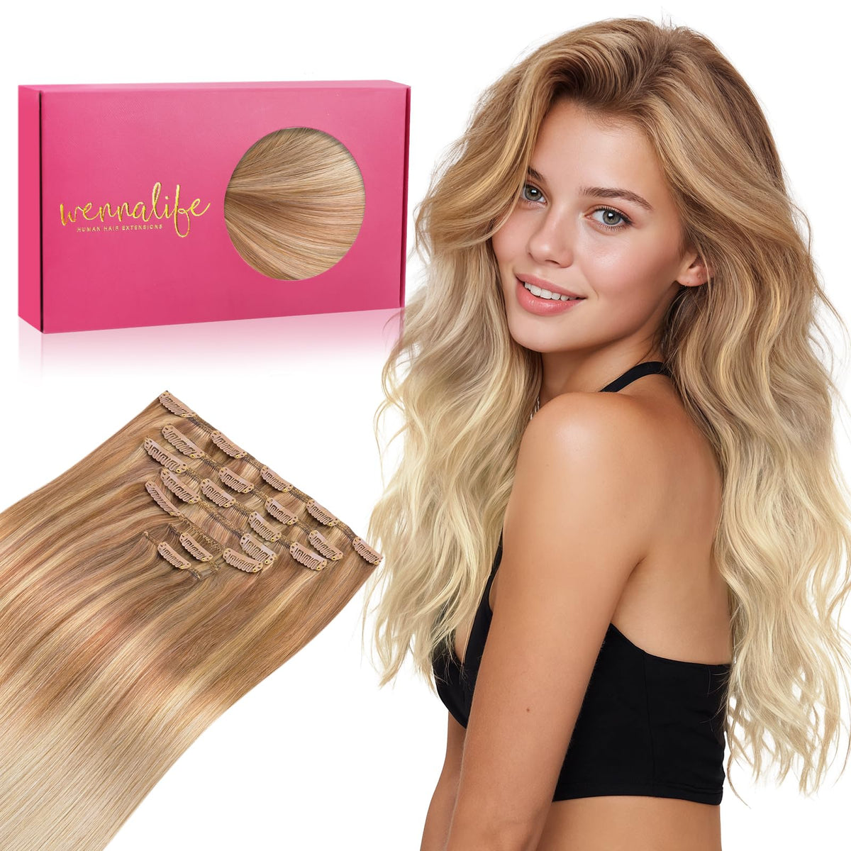 Wennalife Clip In Hair Extensions 20 Inch Ash Beige Blonde Blend front view