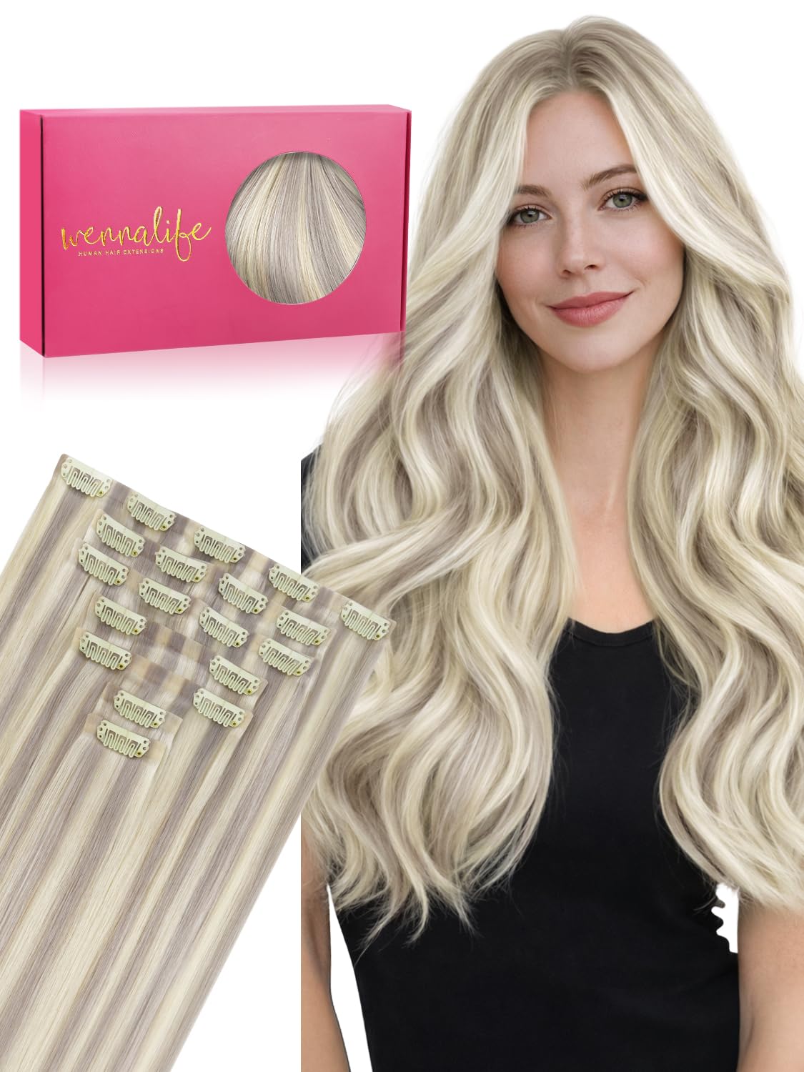 Wennalife Clip In Hair Extensions 20 Inch Ash Blonde front view
