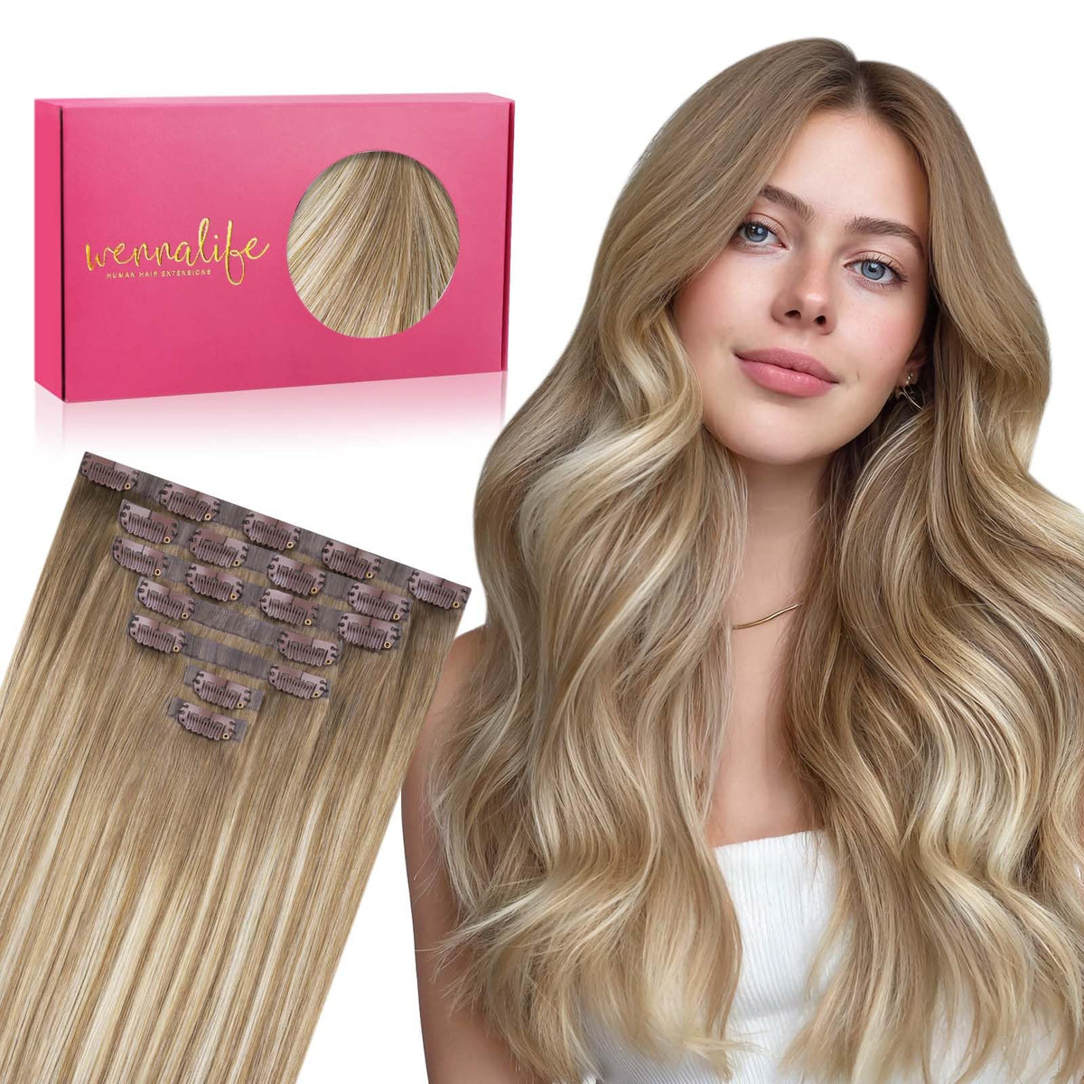 Wennalife Clip In Hair Extensions 20 Inch Balayage Dirty Blonde front view