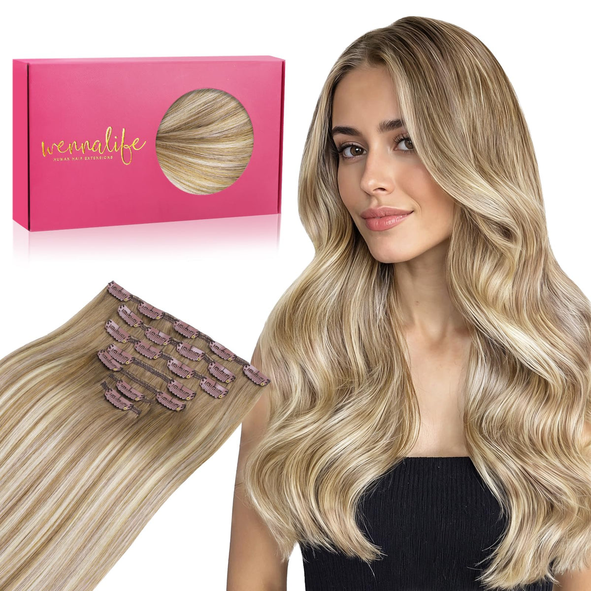 Wennalife Clip In Hair Extensions 20 Inch Balayage Dirty Blonde front view