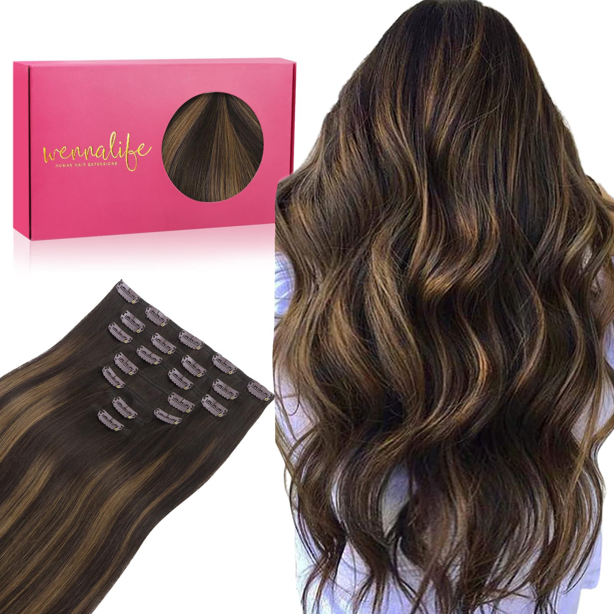 Wennalife Clip In Hair Extensions 20 Inch dark brown to chestnut brown front view