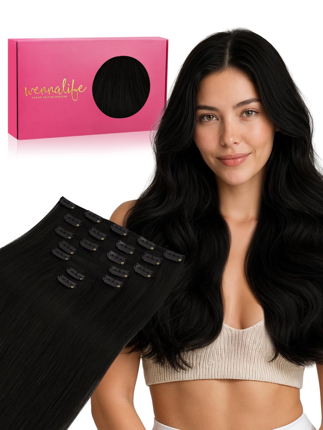 Wennalife Clip In Hair Extensions 20 Inch Jet Black front view