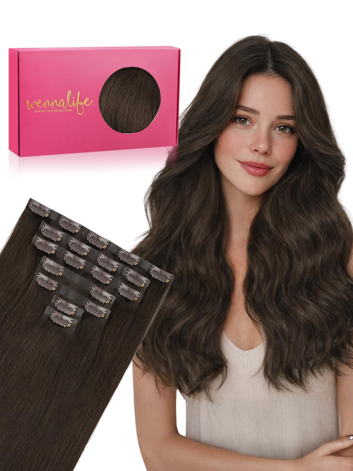 Wennalife Clip in Hair Extensions 20 Inch Light Dark Brown front view