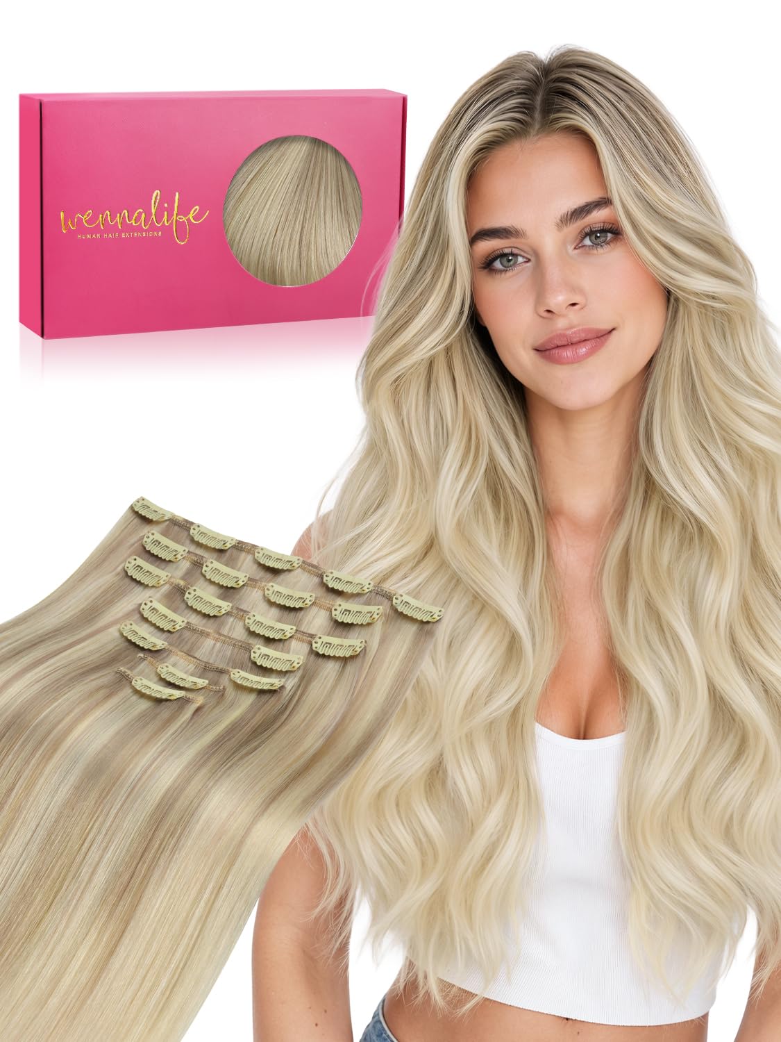 Wennalife Clip In Hair Extensions 20 Inch Ombre Blonde front view