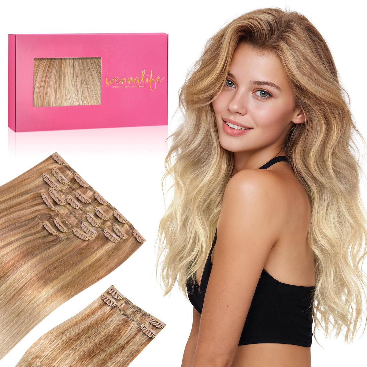 Wennalife Clip In Hair Extensions 22 Inch Ash Beige Blonde Blend front view