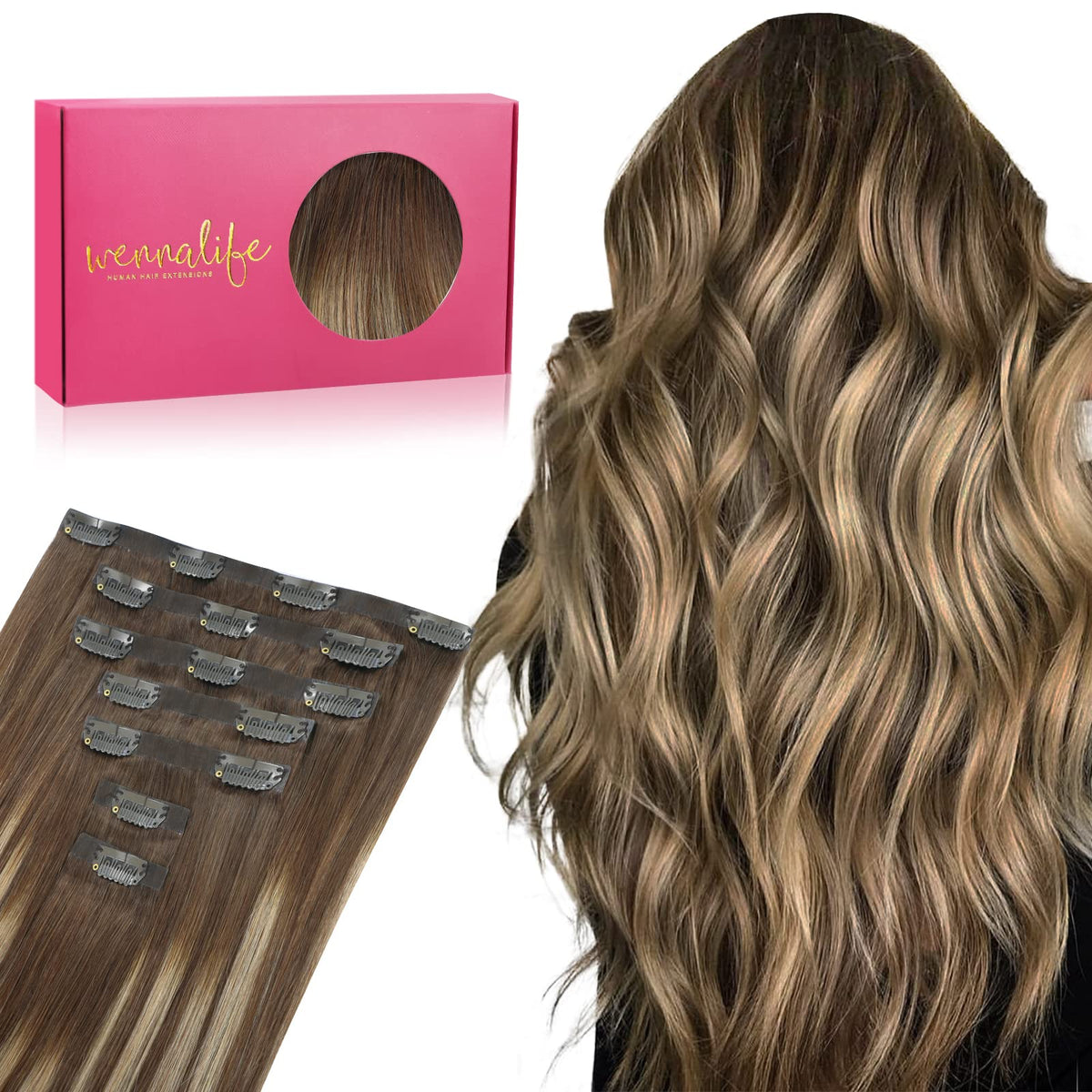 Wennalife Clip In Hair Extensions 22 Inch Balayage Chocolate Brown to Honey Blonde front view