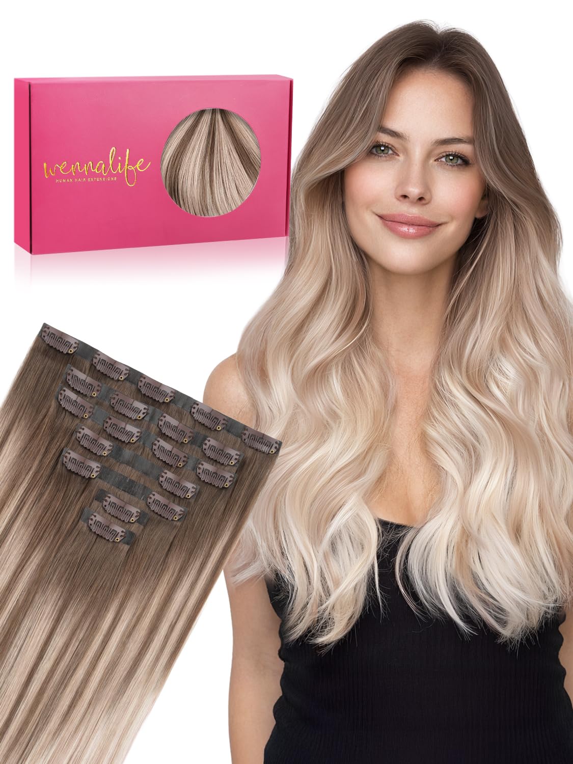 Wennalife Clip In Hair Extensions 22 Inch Balayage Sandy Brown front view