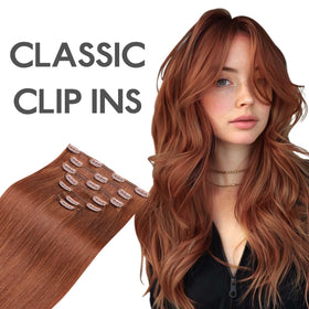 Wennalife Clip In Hair Extensions 22 Inch Cinnamon Copper displayed with hair care products