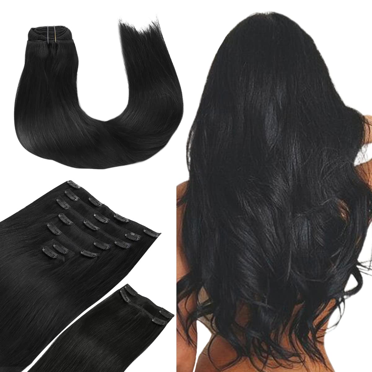 Wennalife Clip In Hair Extensions 22 Inch Jet Black colour gradient
