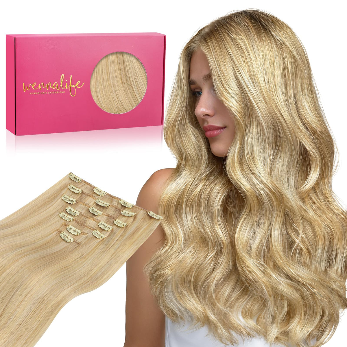 Wennalife Clip In Hair Extensions 22 Inch Light Blonde front view