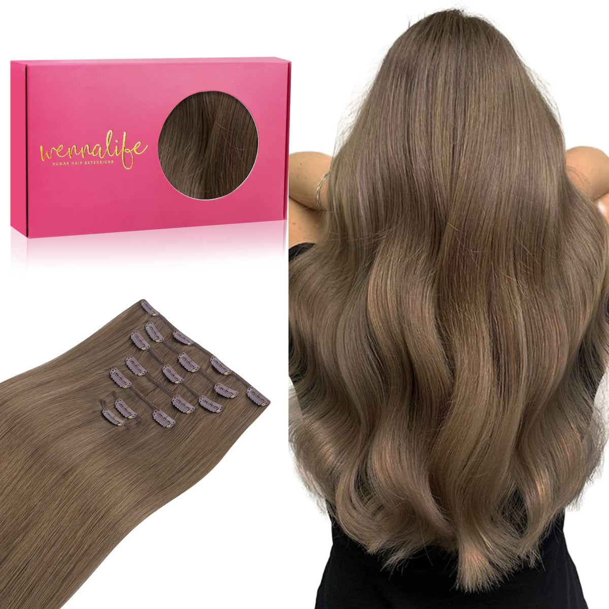 Wennalife Clip In Hair Extensions 22 Inch Light Brown front view