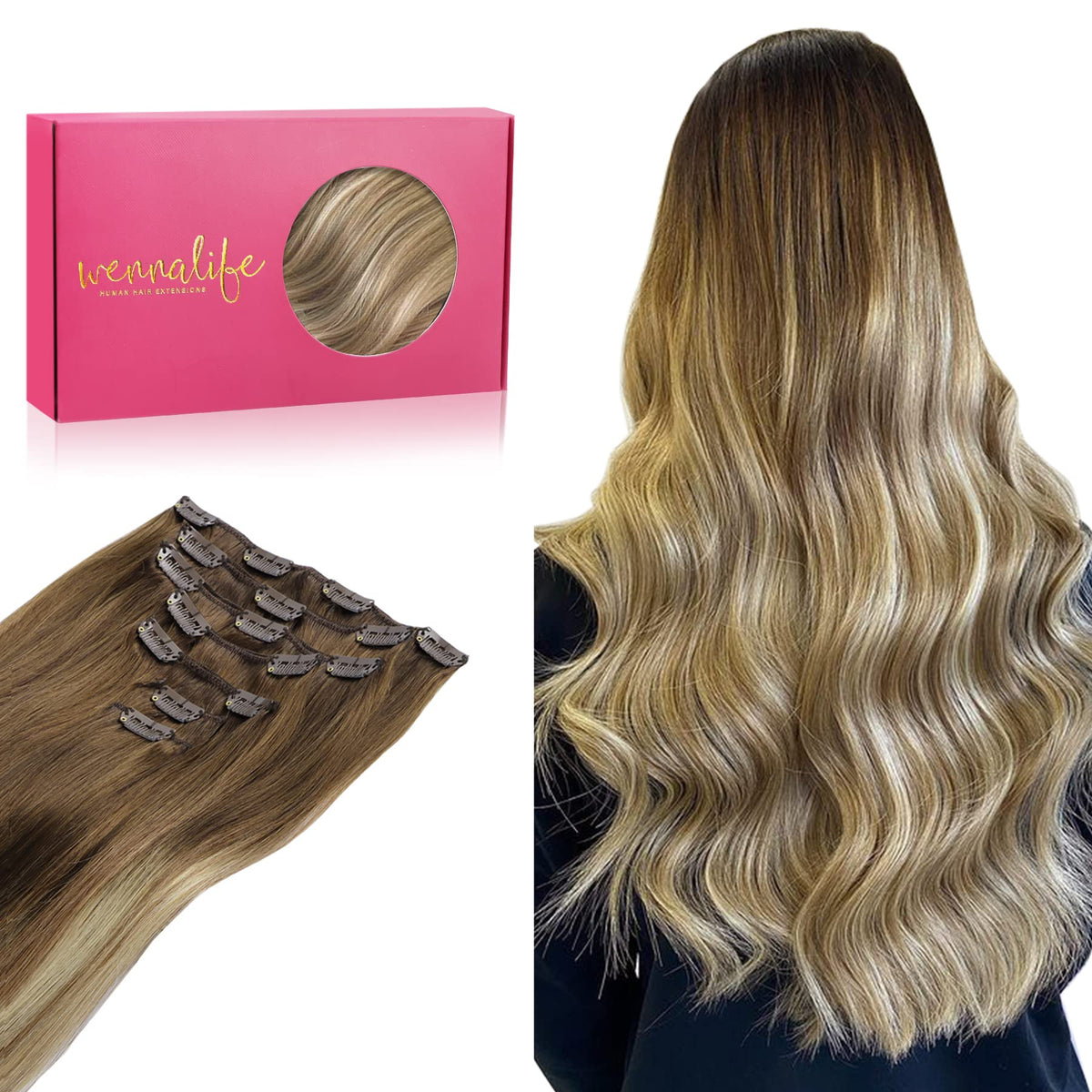 Wennalife Clip In Hair Extensions 22 Inch Ombre Brown to Blonde front view