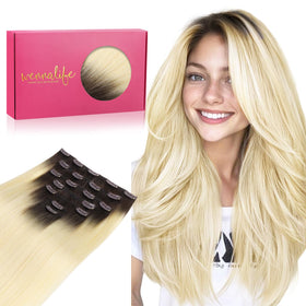 Wennalife Clip in Hair Extensions 22 Inch Ombre Light Dark Brown to Platinum Blonde front view