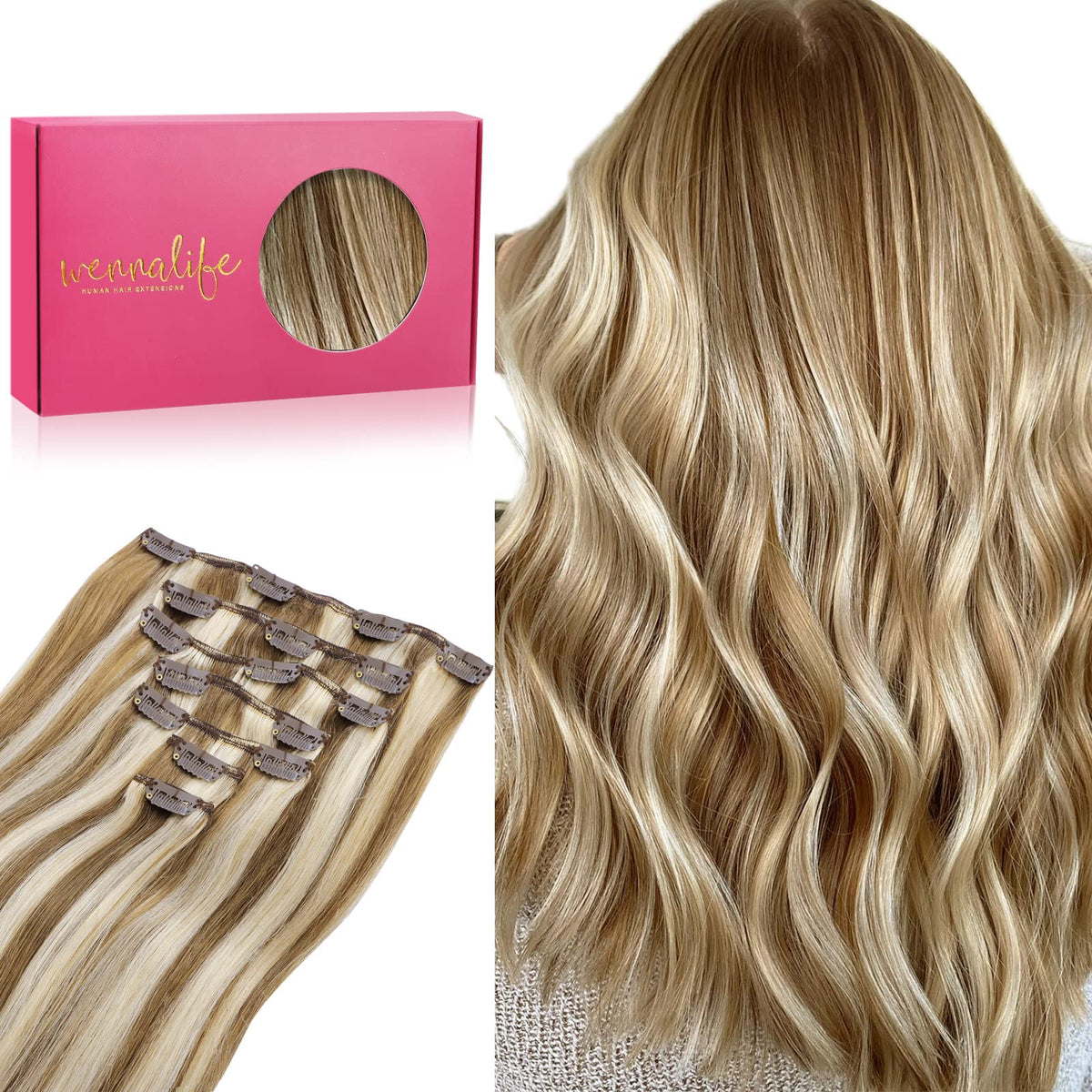 Wennalife Clip In Hair Extensions 24 Inch Ash Brown with Platinum Blonde Highlights front view