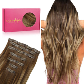 Wennalife Clip In Hair Extensions 24 Inch Balayage Chocolate Brown to Caramel Blonde front view