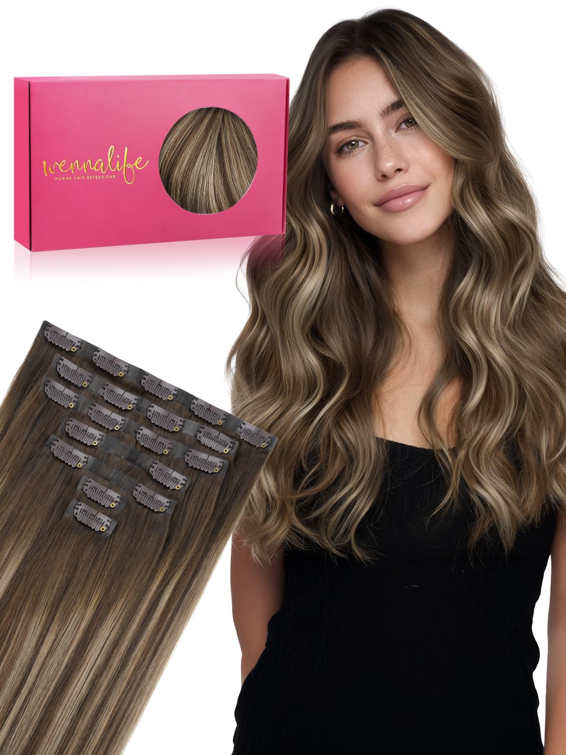 Wennalife Clip in Hair Extensions 24 Inch Balayage Chocolate Brown to Honey Blonde front view