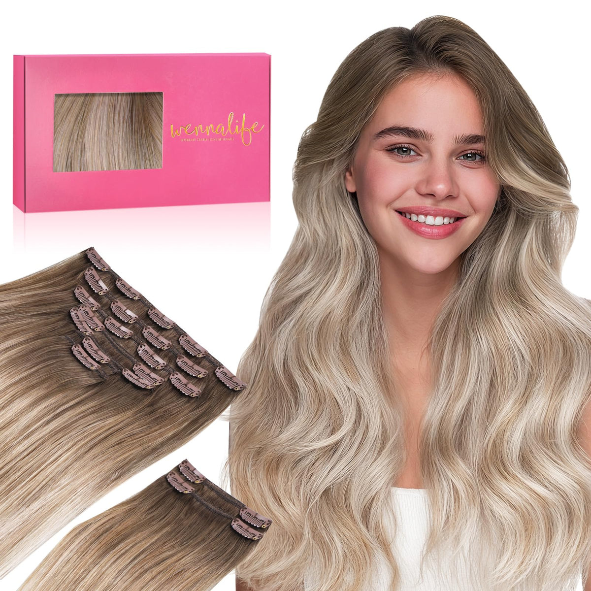 Wennalife Clip In Hair Extensions 24 Inch Balayage Sandy Brown to Platinum Blonde front view