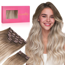 Wennalife Clip In Hair Extensions 24 Inch Balayage Sandy Brown to Platinum Blonde front view