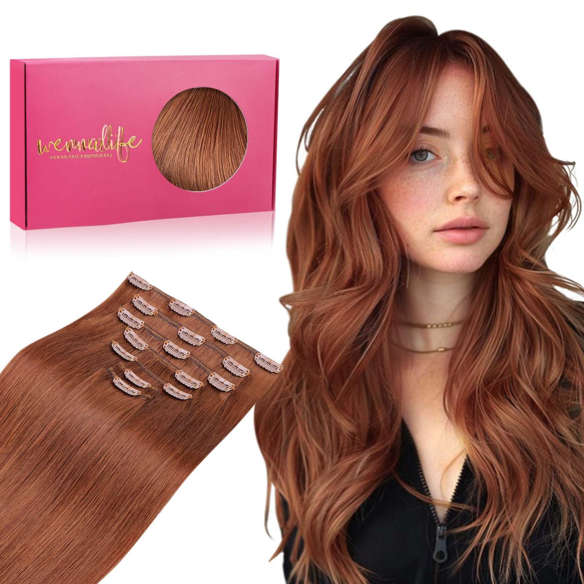 Wennalife Clip In Hair Extensions 24 Inch Cinnamon Copper front view