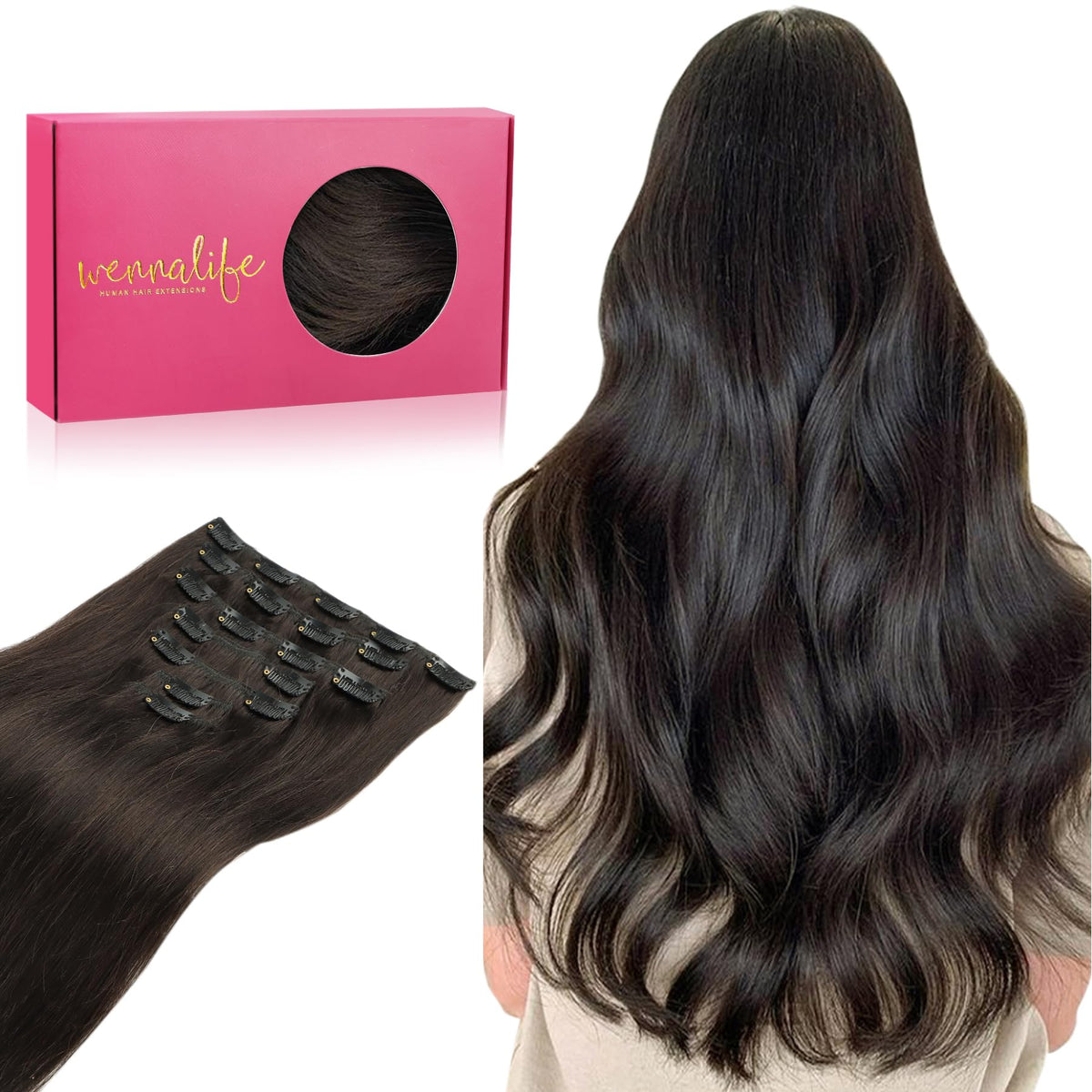Wennalife Clip in Hair Extensions 24 Inch dark brown front view