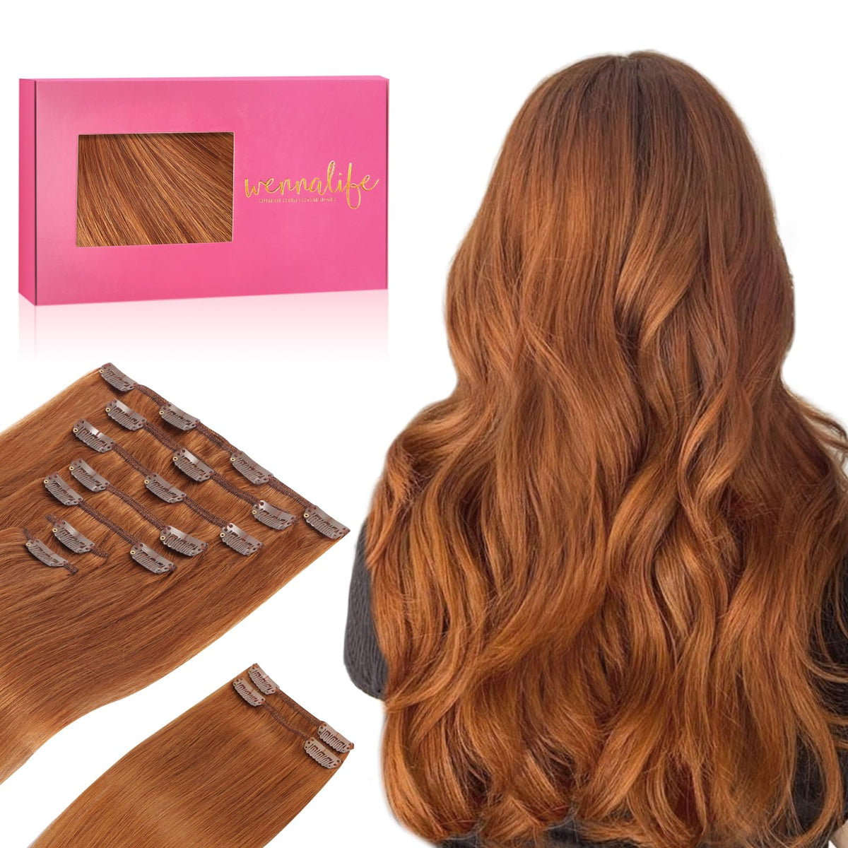 Wennalife Clip In Hair Extensions 24 Inch Dirty Ginger front view