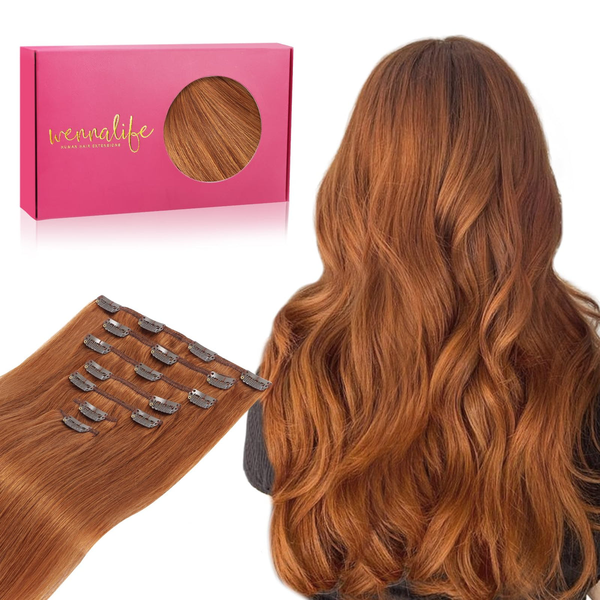 Wennalife Clip in Hair Extensions 24 Inch in Dirty Ginger front view