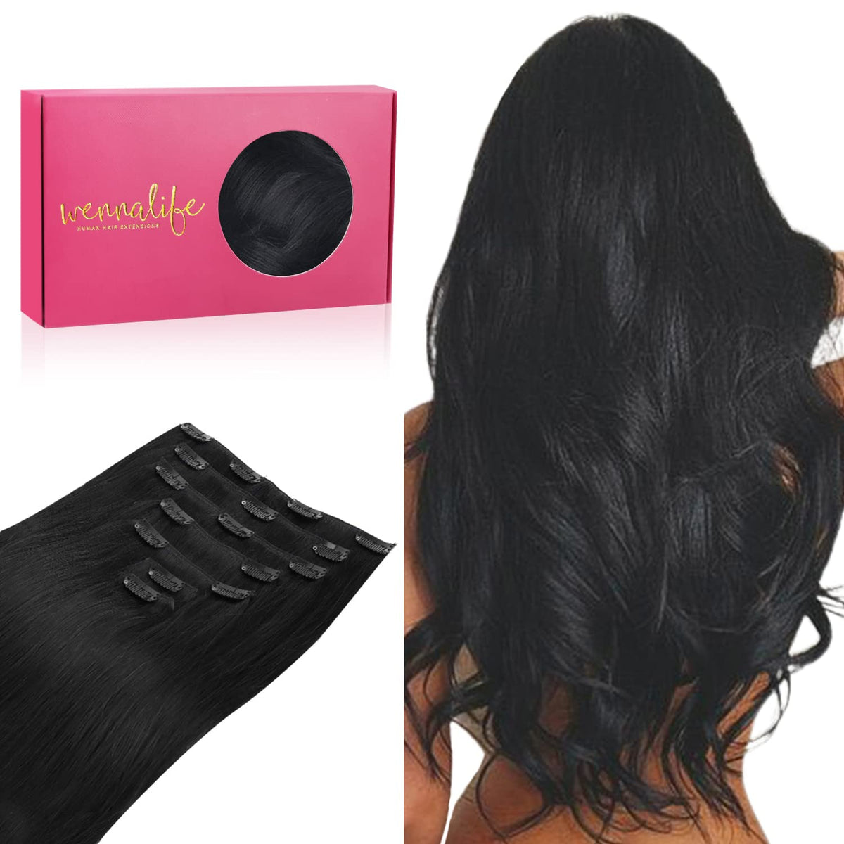 Wennalife Clip In Hair Extensions 24 Inch Jet Black front view