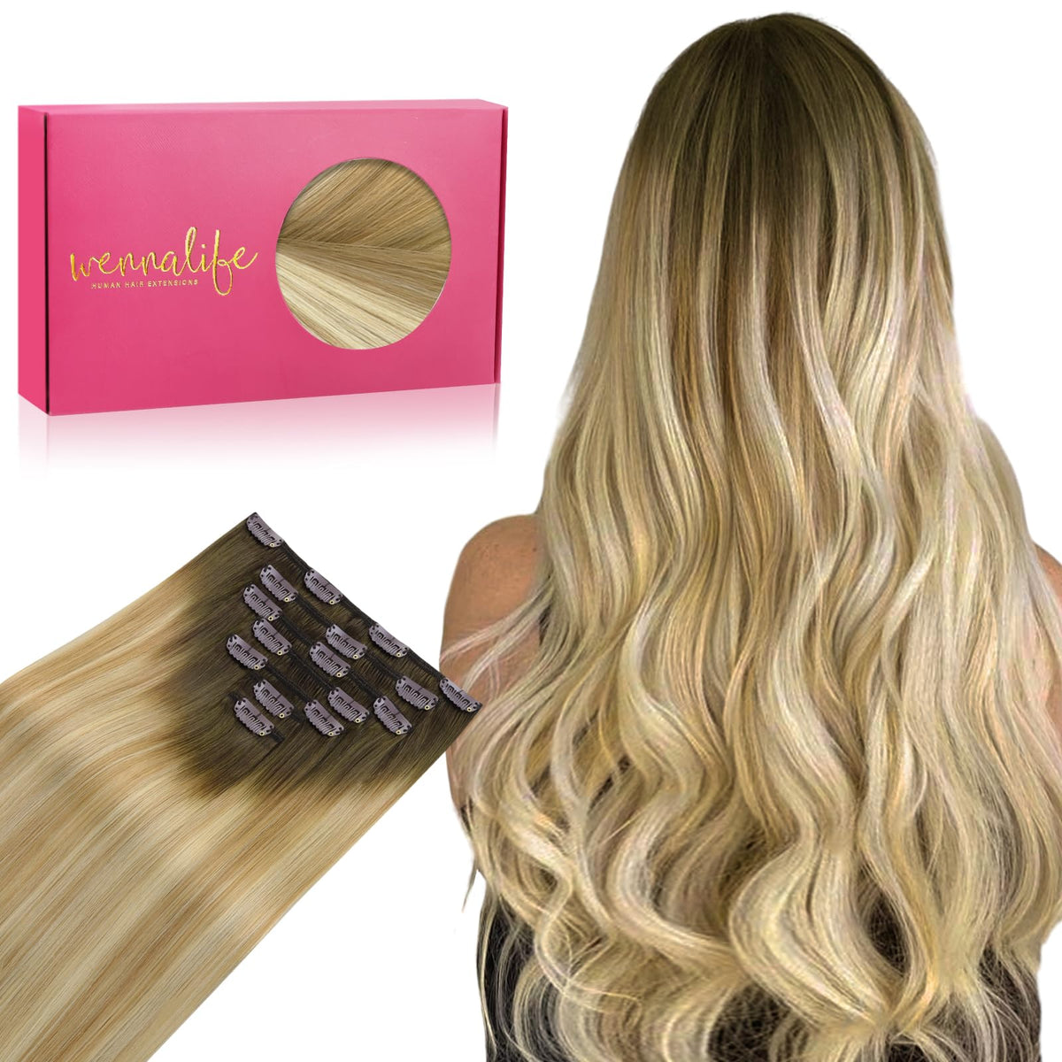 Wennalife Clip In Hair Extensions 24 Inch Light Ash Brown to Light White Blonde front view