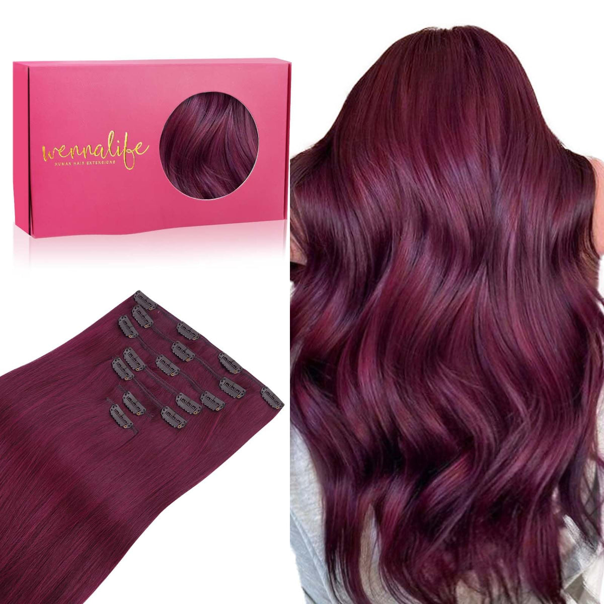 Wennalife Clip In Hair Extensions 24 Inch Light Burgundy front view