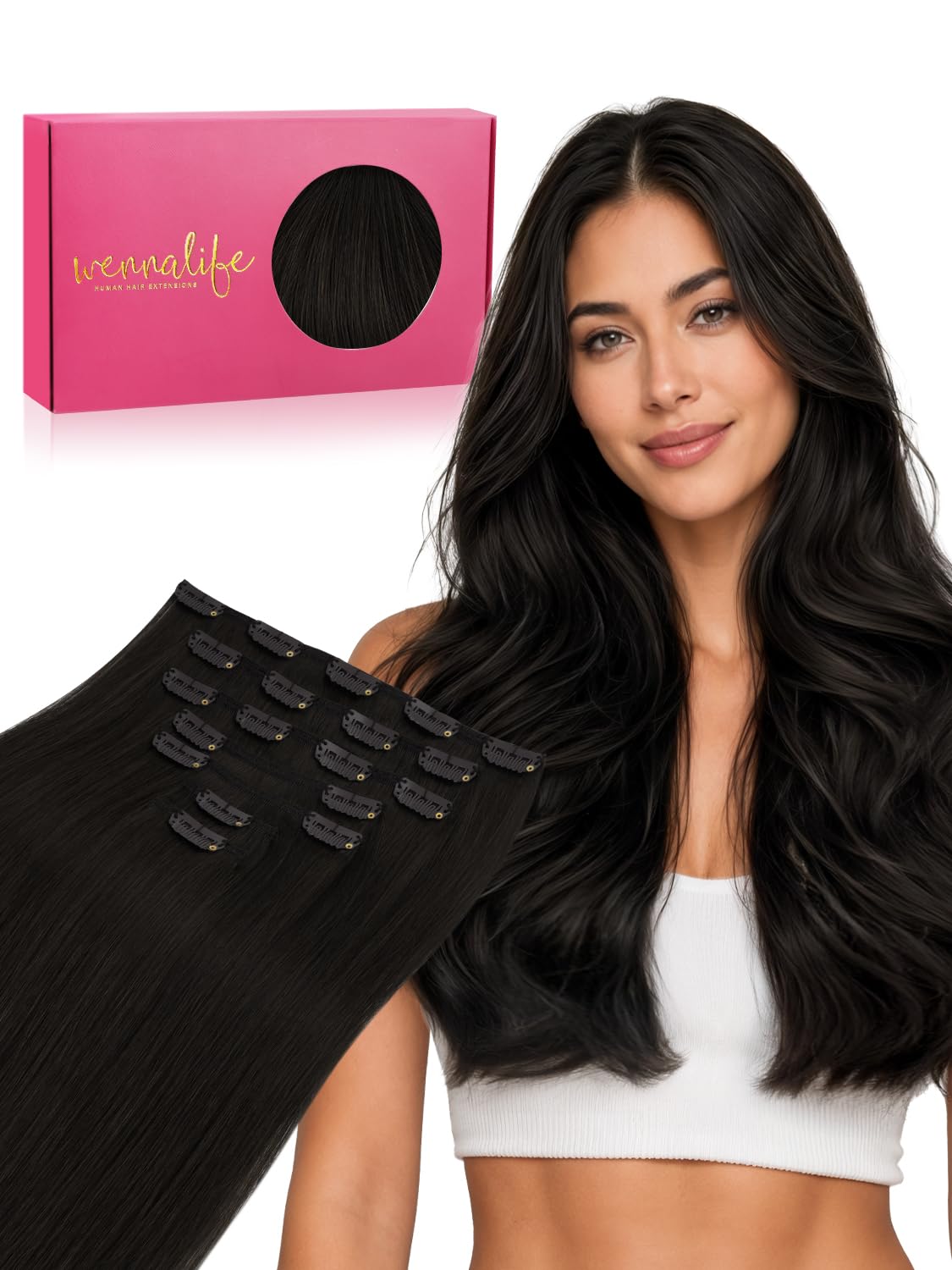 Wennalife Clip In Hair Extensions 24 Inch Natural Black front view
