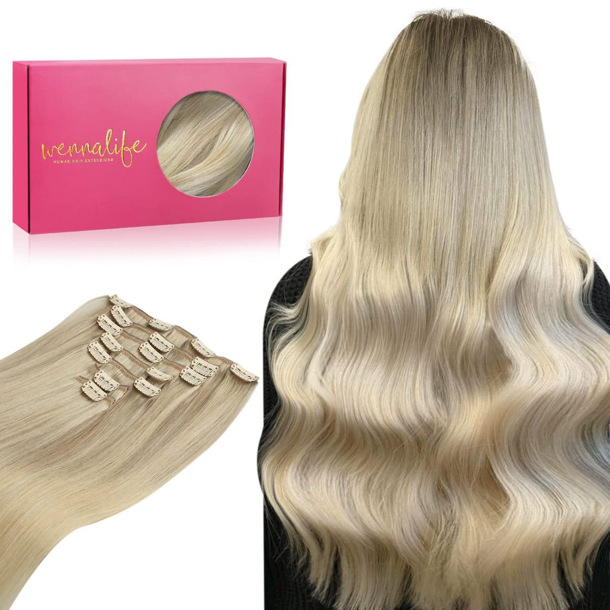 Wennalife Clip In Hair Extensions 24 Inch Ombre Ash Blonde front view