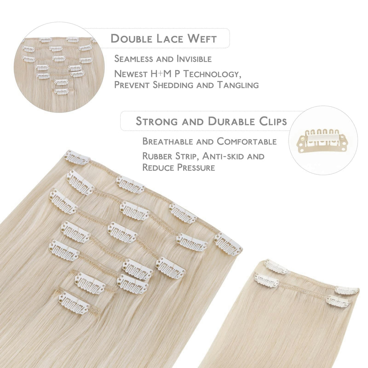 Wennalife Clip In Hair Extensions 24 Inch Platinum Blonde close-up of clips