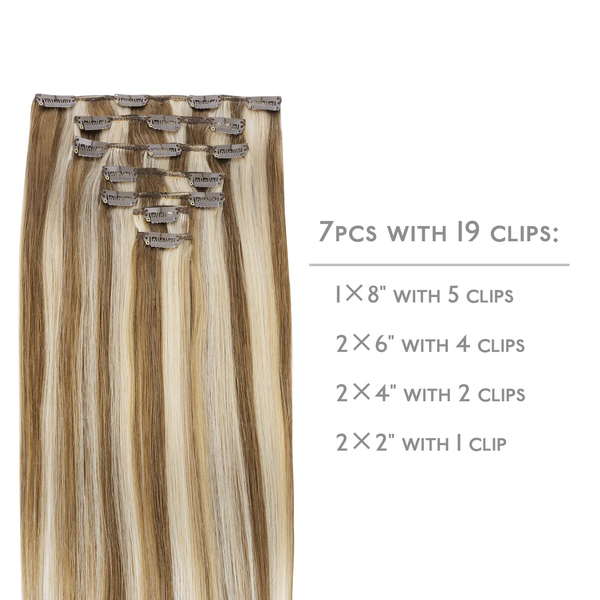 Wennalife Clip In Hair Extensions 7 pieces display with clips