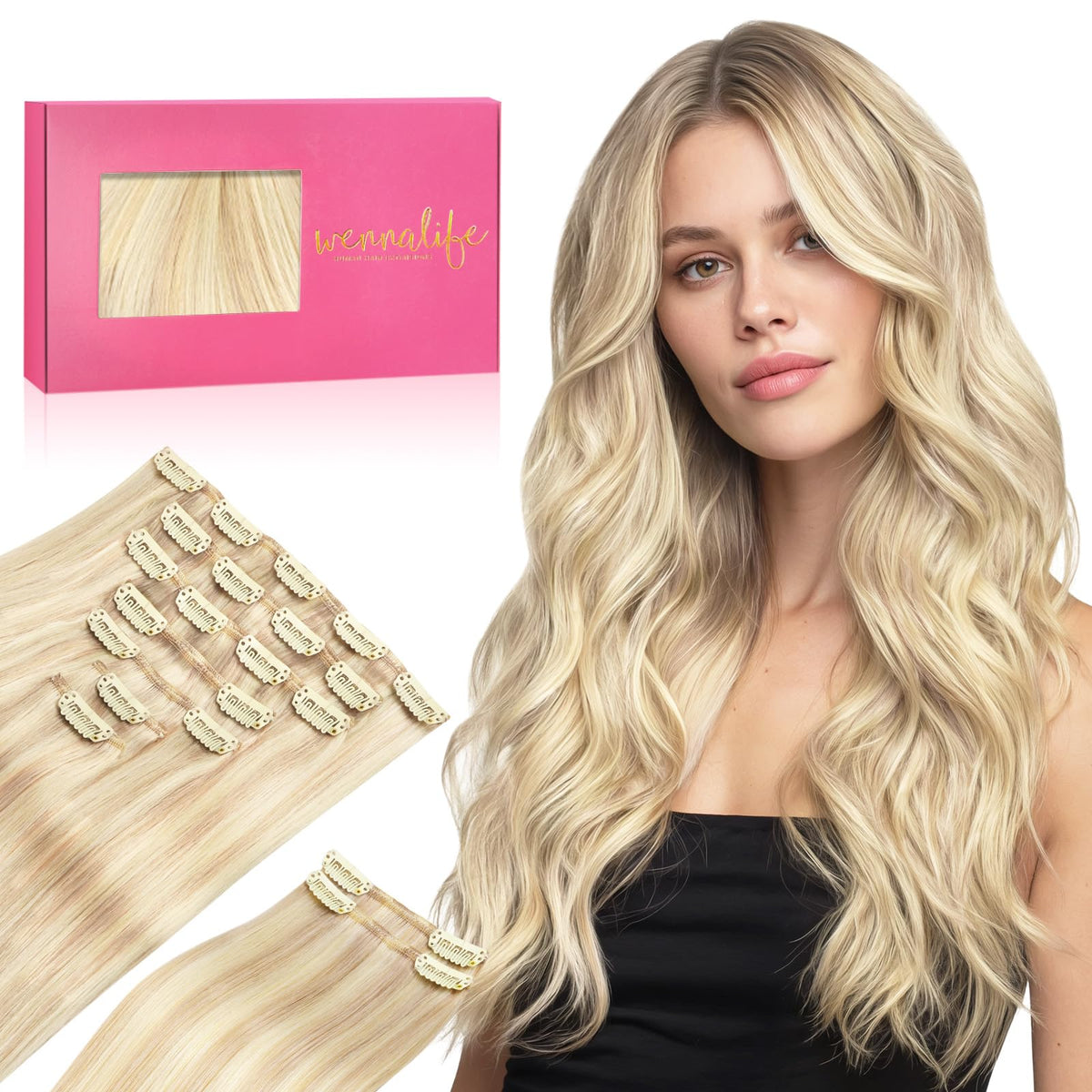 Wennalife Clip In Hair Extensions Balayage Light Wheat Platinum Blonde front view