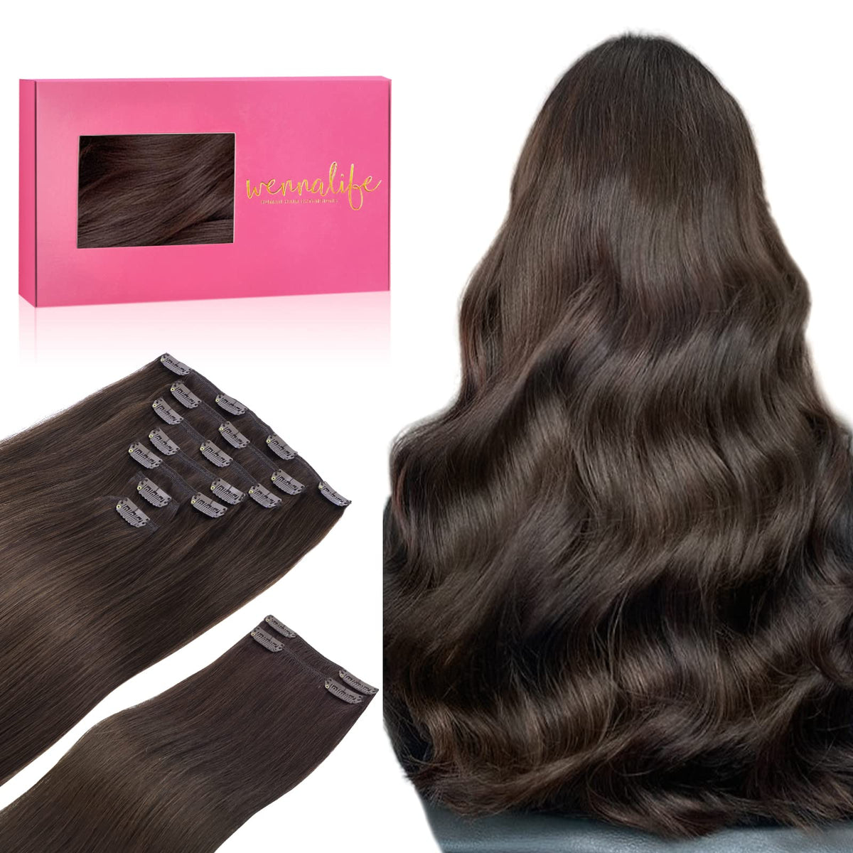 Wennalife Clip In Hair Extensions Light Dark Brown front view