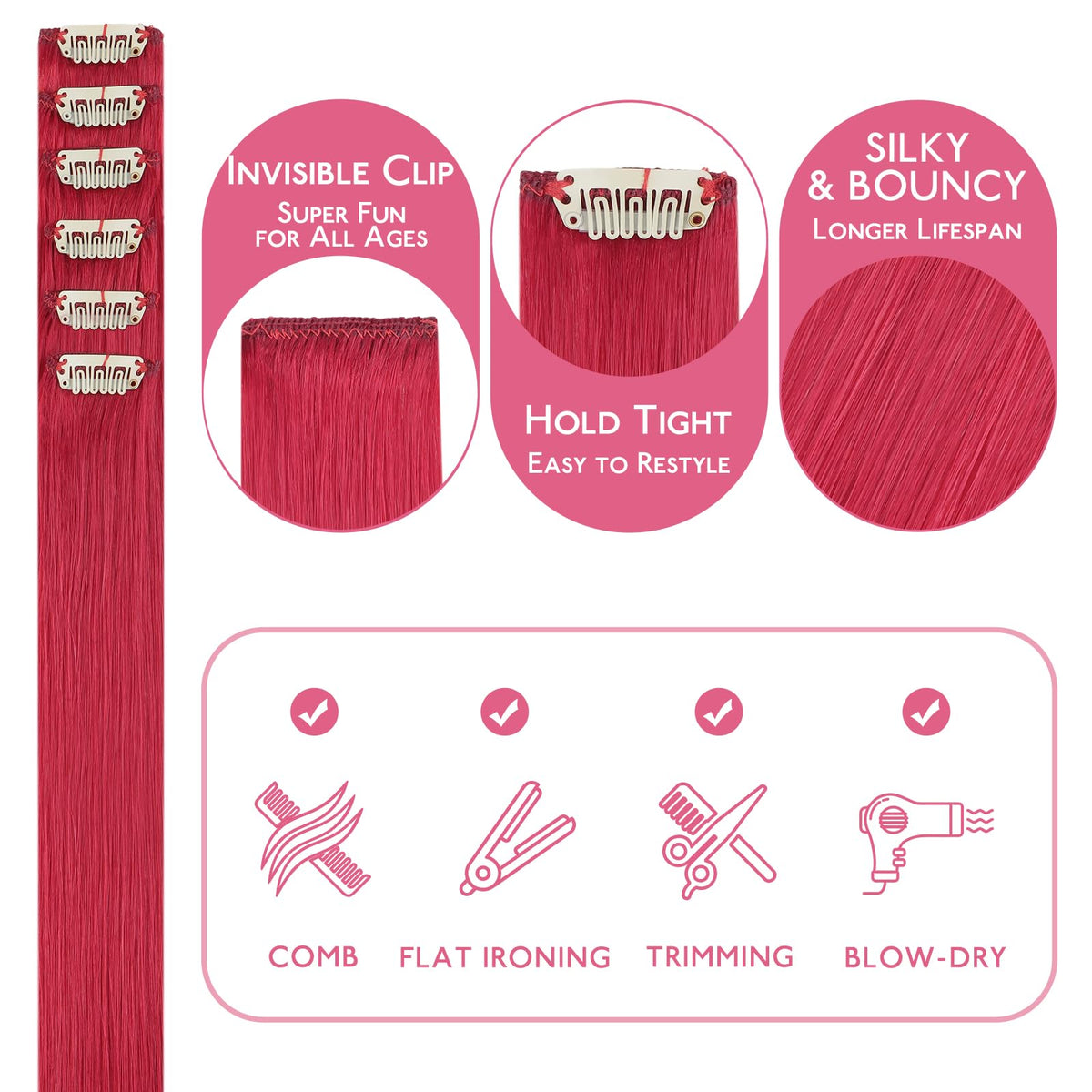 Wennalife clip-in hair extensions showing vibrant red colour
