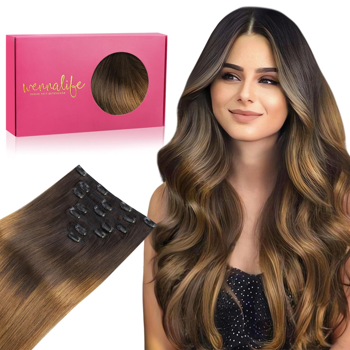 Wennalife clip in human hair extensions 16 inch ombre dark to light chestnut brown