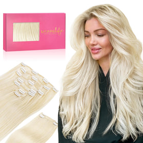 Wennalife Clip in Human Hair Extensions 16 Inch Platinum Blonde front view