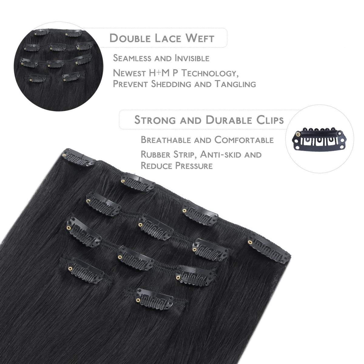 Wennalife Clip In Human Hair Extensions 75g 14 Inch Jet Black close-up of clips