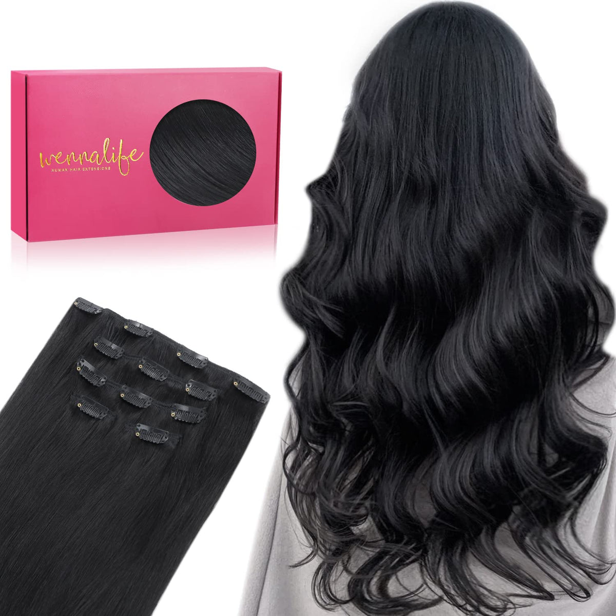 Wennalife Clip In Human Hair Extensions 75g 14 Inch Jet Black front view