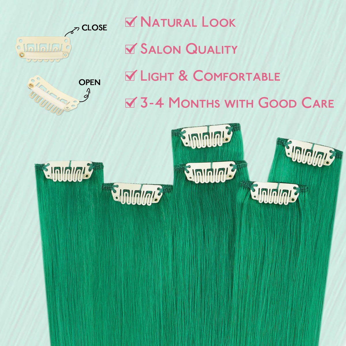 Wennalife Green Clip-in Hair Extensions displayed on a model